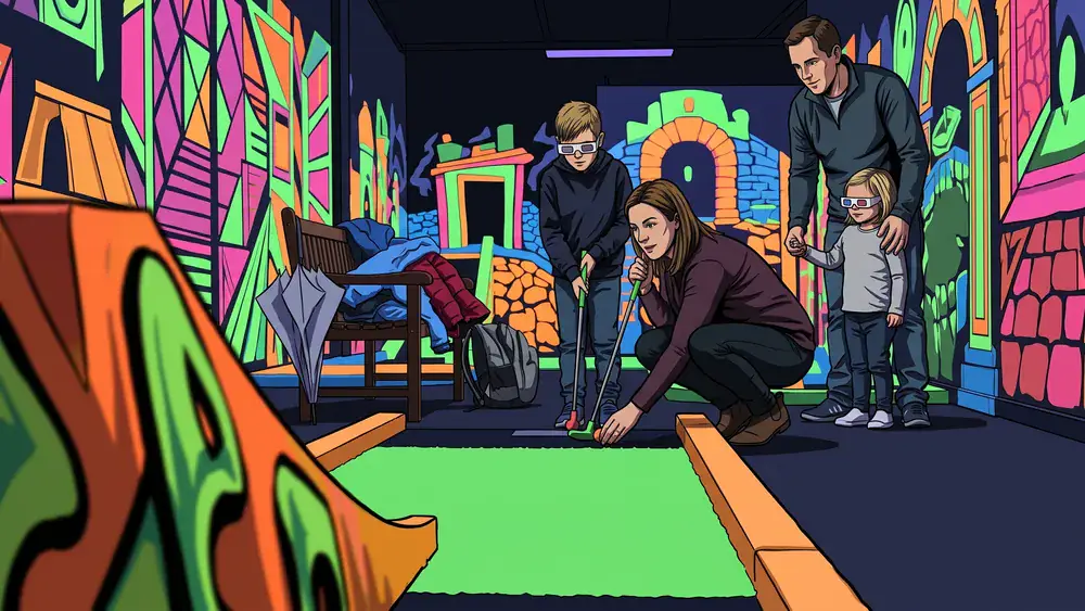 Schwarzlicht-Minigolf in Berlin – Familie spielt Minigolf auf leuchtenden Bahnen unter Schwarzlicht
