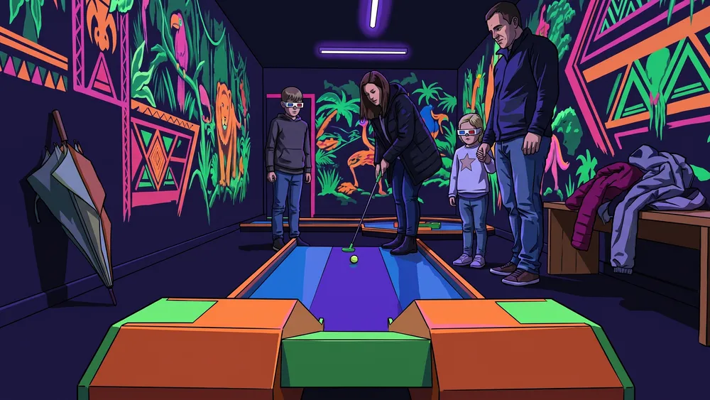 Schwarzlicht-Minigolf in Berlin – Familie spielt Minigolf auf leuchtenden Bahnen unter Schwarzlicht