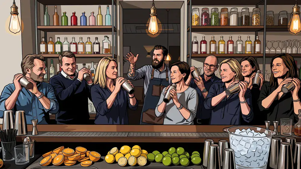 Cocktailkurs in Berlin - Erwachsene mixen Cocktails an einer Bar unter Anleitung