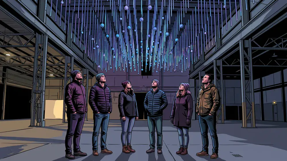 Dark Matter Berlin - Erwachsene stehen staunend unter einer kinetischen Lichtinstallation