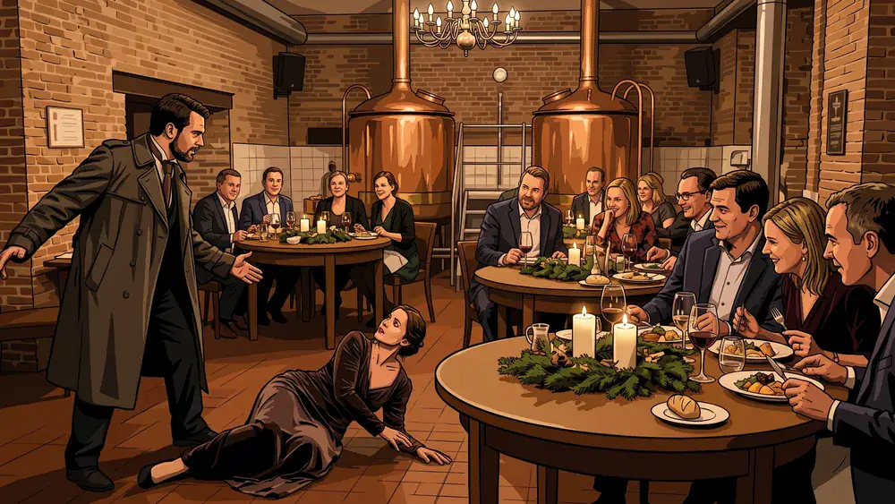 Krimidinner in Berlin - Erwachsene verfolgen ein Krimi-Theater beim Mehrgang-Menü in der Schankhalle Pfefferberg