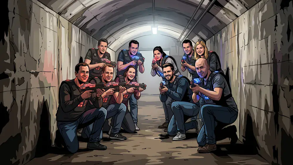 Lasertag in Berlin - Erwachsene in tactical vests spielen in einem echten Bunker aus dem Zweiten Weltkrieg am Anhalter Bahnhof
