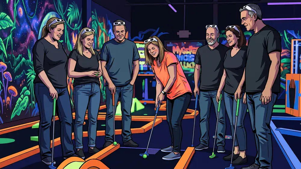 Schwarzlicht-Minigolf in Berlin - Erwachsene spielen mit 3D-Brillen Minigolf in leuchtender Neonwelt im DockX