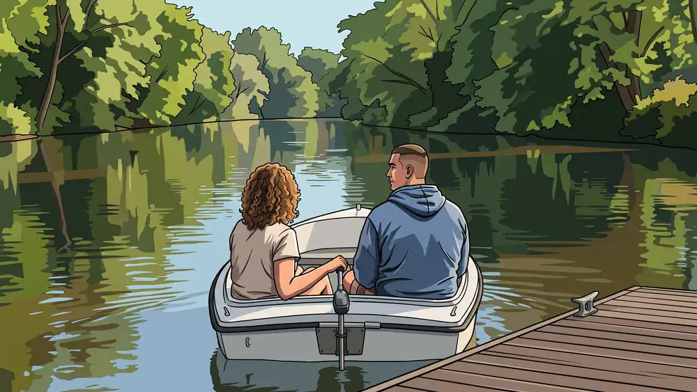 Bootsverleih Spree Berlin – Zwei Personen fahren mit einem Elektroboot auf der Spree