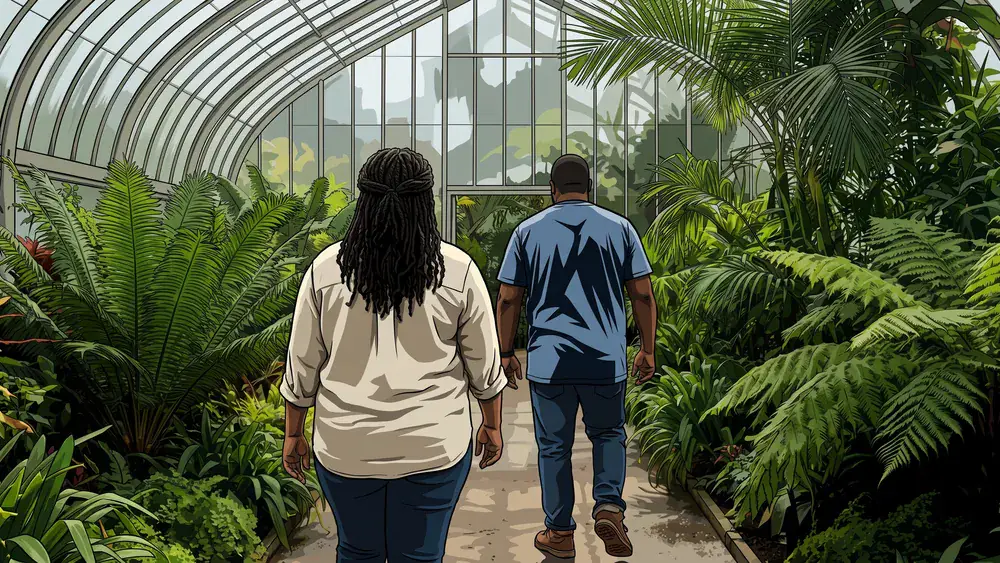 Botanischer Garten Berlin – Zwei Personen spazieren durch das tropische Gewächshaus