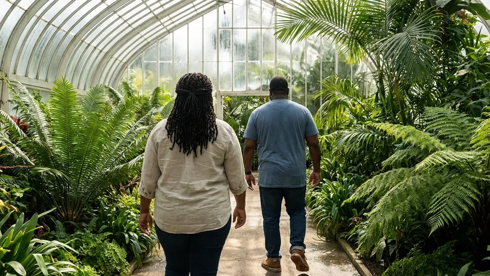 Botanischer Garten Berlin – Zwei Personen spazieren durch das tropische Gewächshaus