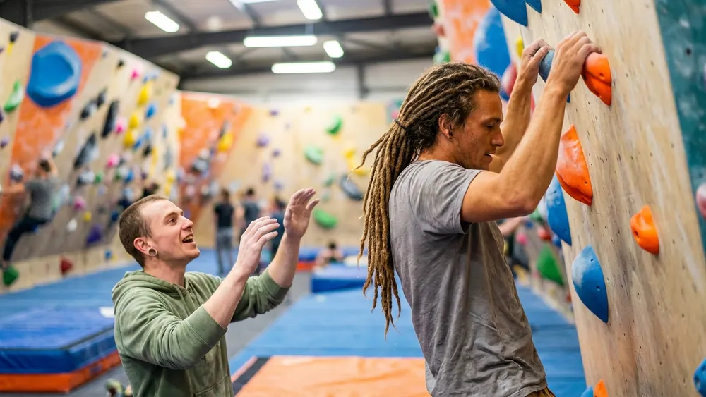 Südbloc Boulderhalle Berlin – Zwei Personen klettern an bunten Griffen in der lichtdurchfluteten Halle