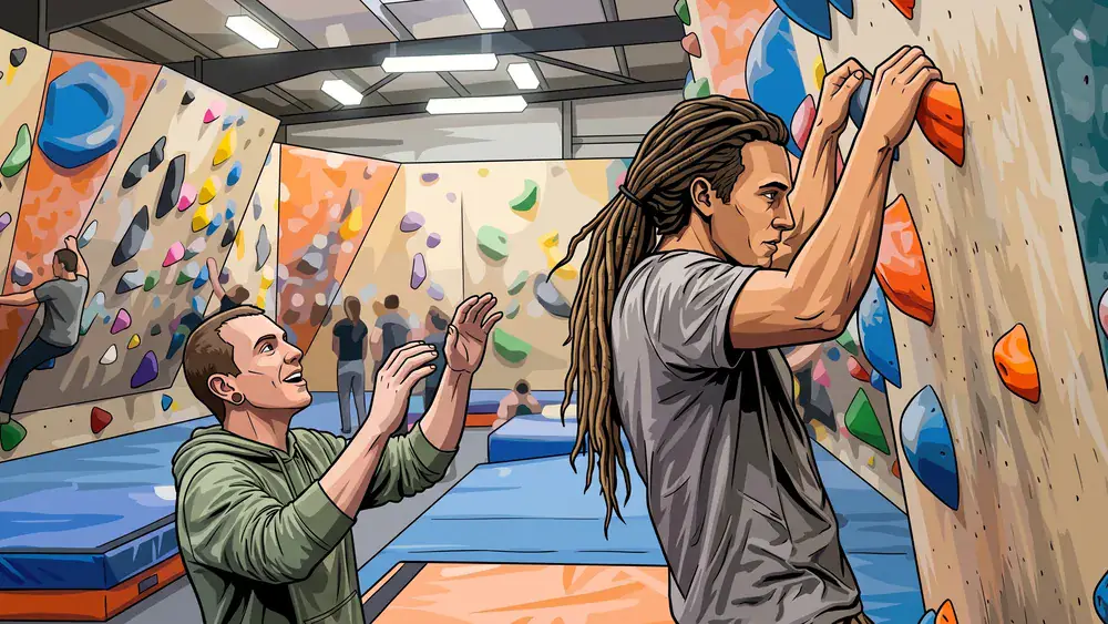 Südbloc Boulderhalle Berlin – Zwei Personen klettern an bunten Griffen in der lichtdurchfluteten Halle