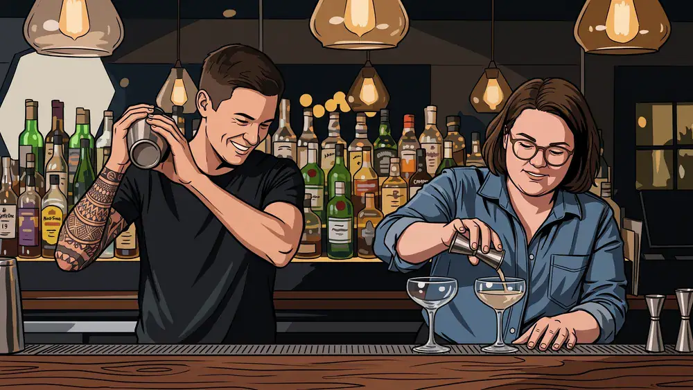 Cocktailkurs in Berlin – Zwei Personen mixen Cocktails an einer Bar unter Anleitung