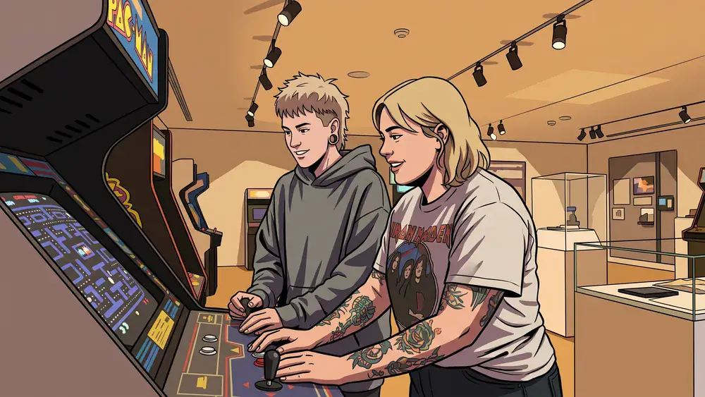 Computerspielemuseum Berlin – Zwei Personen spielen an einem Retro-Arcade-Automaten