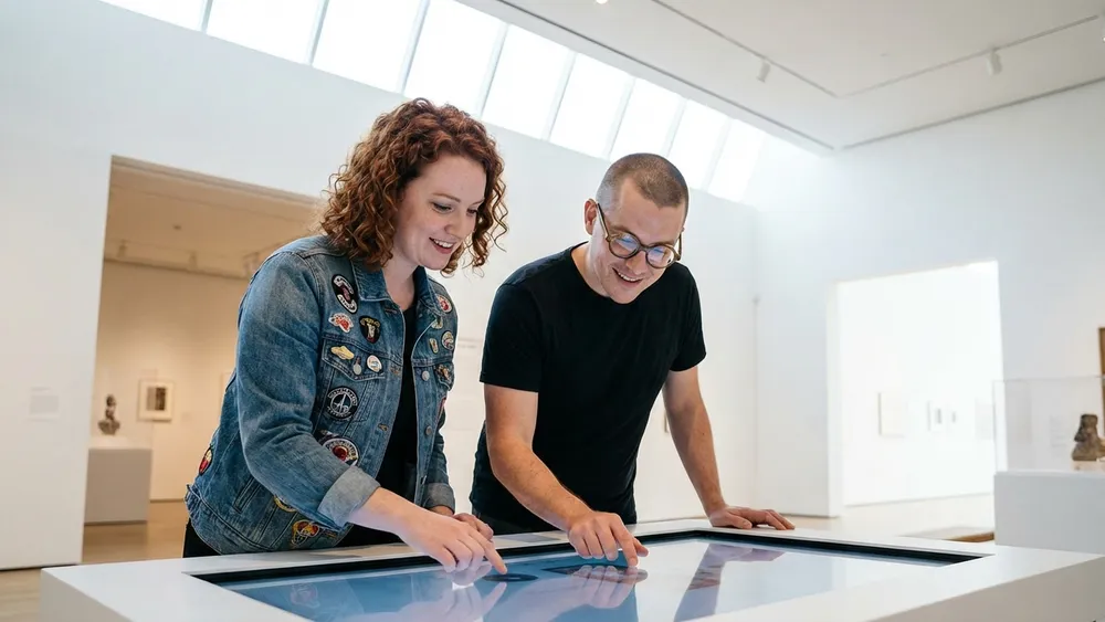 Futurium in Berlin – Zwei Personen an einer interaktiven Ausstellung im Zukunftsmuseum
