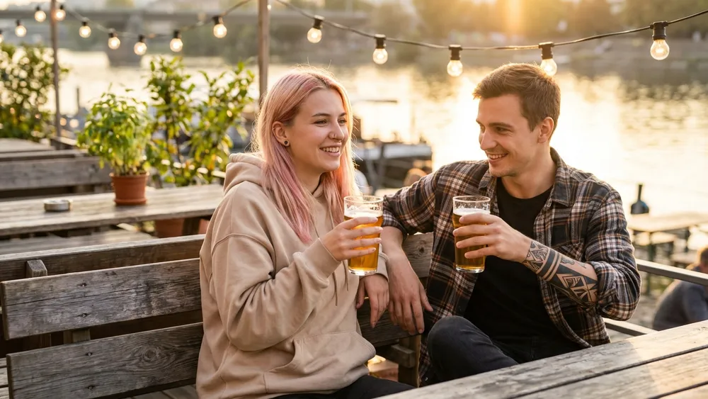 Holzmarkt 25 in Berlin – Zwei Personen sitzen an der Spree im kreativen Quartier