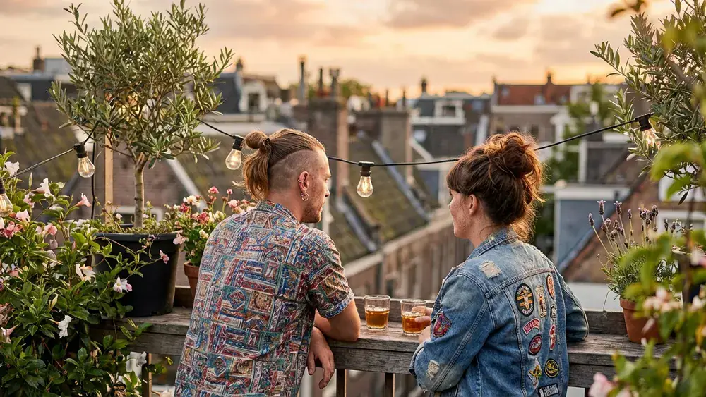 Klunkerkranich Berlin – Zwei Personen genießen den Ausblick von der Rooftop-Bar in Neukölln