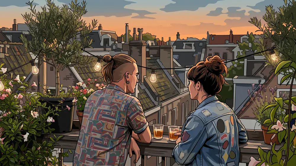 Klunkerkranich Berlin – Zwei Personen genießen den Ausblick von der Rooftop-Bar
