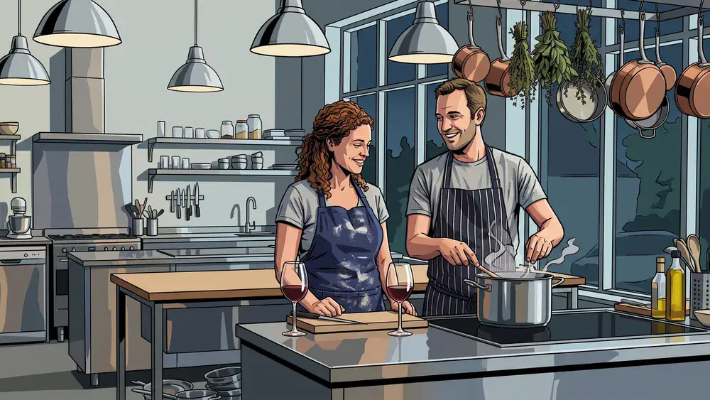 Kochkurs in Berlin – Zwei Personen kochen gemeinsam in einer hellen Kochschule