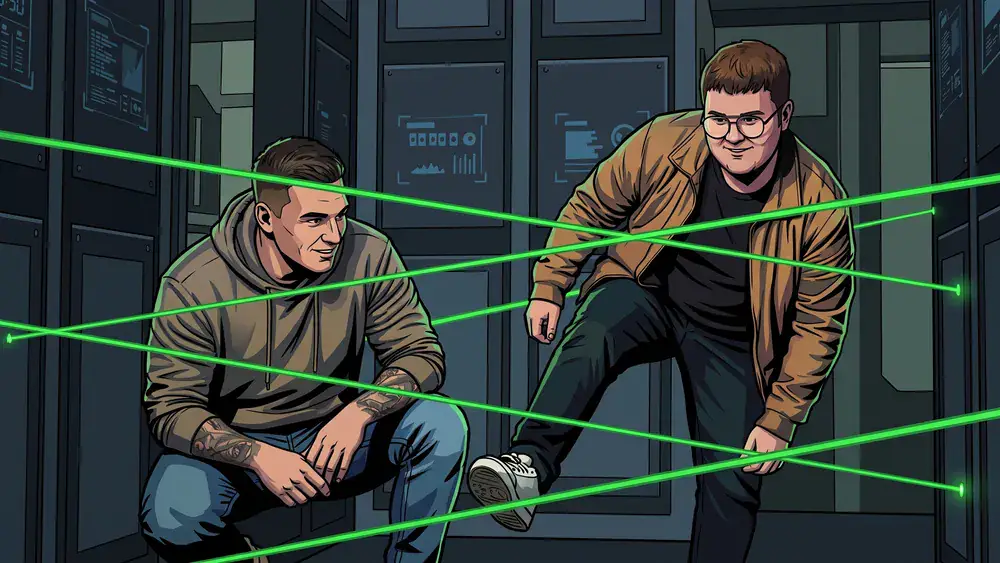 Deutsches Spionagemuseum Berlin – Zwei Personen navigieren durch den Laserparcours