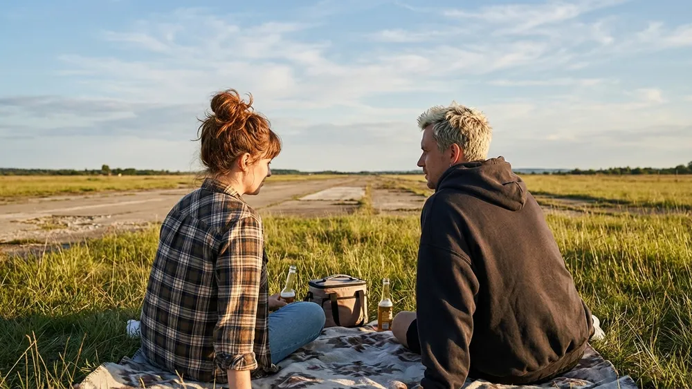Tempelhofer Feld in Berlin – Zwei Personen sitzen auf einer Decke auf dem ehemaligen Flugfeld