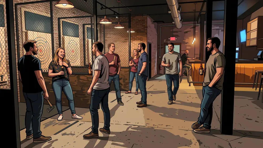 Axe Throwing Berlin – Kollegen werfen als Gruppe Äxte auf Holzscheiben in einer Urban Bar