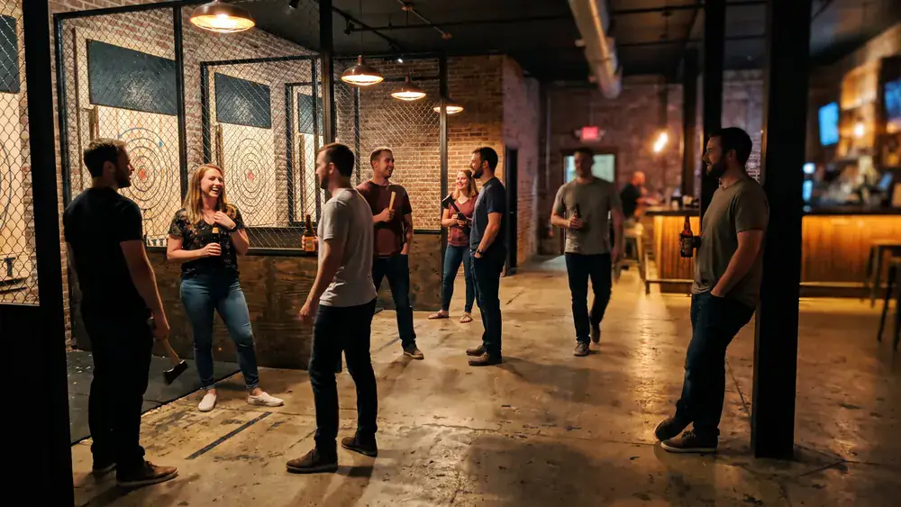 Axe Throwing Berlin – Kollegen werfen als Gruppe Äxte auf Holzscheiben in einer Urban Bar in Mitte