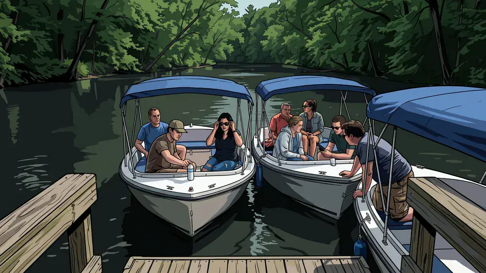 Bootsverleih Spree Berlin – Kollegen fahren als Gruppe mit Elektrobooten über die Spree