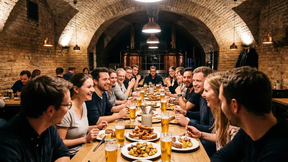 Brauerei Lemke Berlin – Kollegen trinken Craft Beer an langen Tischen unter den S-Bahnbögen am Hackeschen Markt