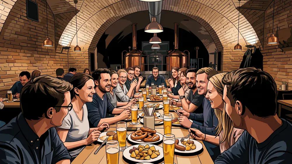 Brauerei Lemke Berlin – Kollegen trinken Craft Beer an langen Tischen unter den S-Bahnbögen am Hackeschen Markt