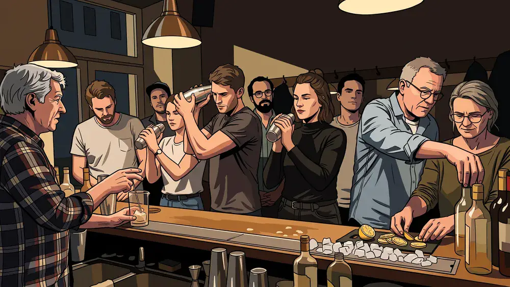 Cocktailkurs in Berlin – Kollegen mixen als Gruppe Cocktails an einer Bar unter Anleitung