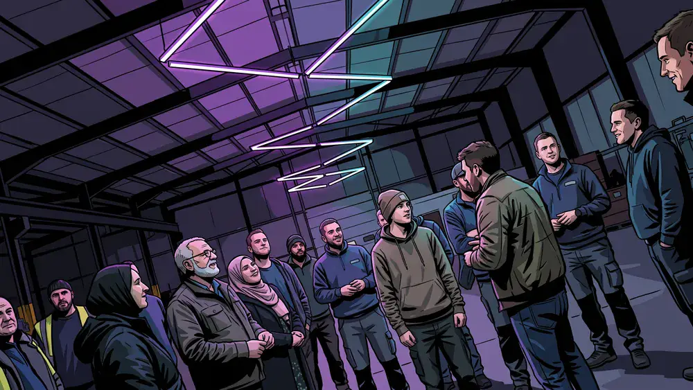Dark Matter Berlin – Kollegen stehen staunend als Gruppe unter einer kinetischen Lichtinstallation