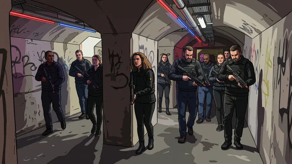 Lasertag in Berlin – Kollegen in Sensorwesten spielen als Gruppe in einem echten WWII-Bunker am Anhalter Bahnhof