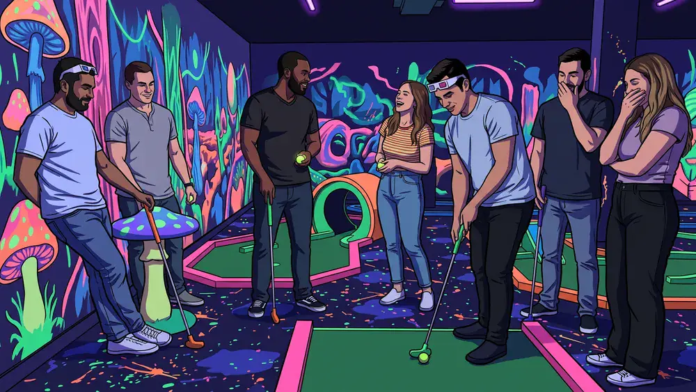 Schwarzlicht-Minigolf in Berlin – Kollegen spielen als Gruppe mit 3D-Brillen Minigolf in leuchtender Neonwelt im DockX
