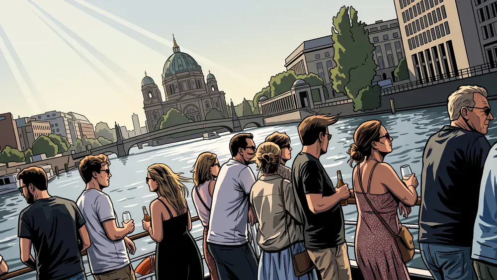 Spree-Panoramafahrt in Berlin – Kollegen stehen an Deck eines Ausflugsschiffs mit Blick auf Museumsinsel und Dom