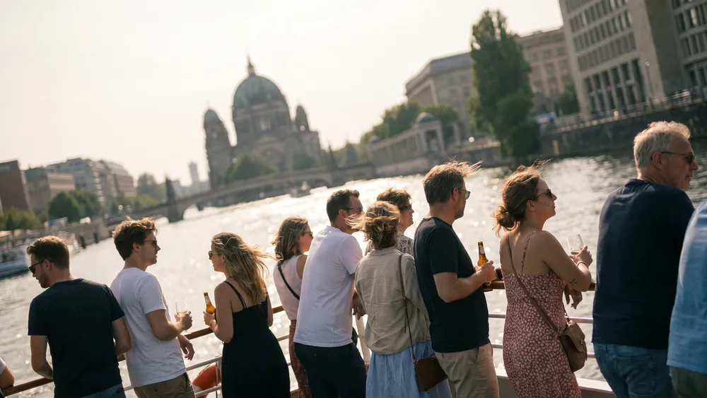 Spree-Panoramafahrt in Berlin – Kollegen stehen an Deck eines Ausflugsschiffs mit Blick auf Museumsinsel und Dom