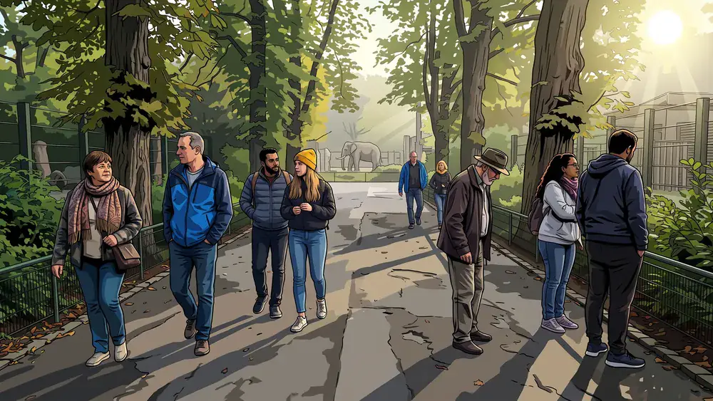Zoo Berlin – Kollegen spazieren an einem sonnigen Morgen als Gruppe durch den Zoo