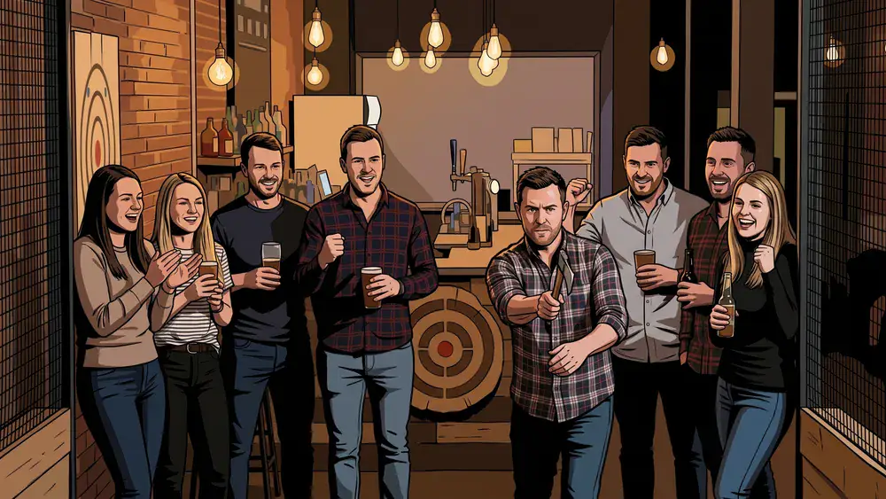Axe Throwing Berlin – Gruppe wirft Äxte auf Holzscheiben in einer Urban Bar