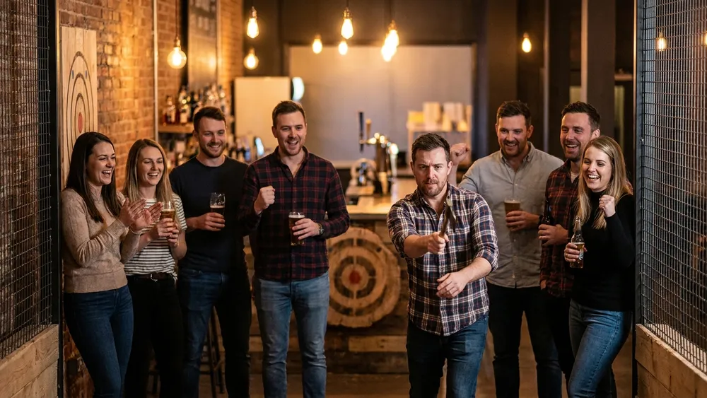 Axe Throwing Berlin – Gruppe wirft Äxte auf Holzscheiben in einer Urban Bar in Mitte
