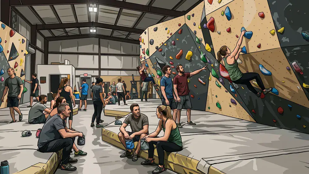 Bouldern in Berlin – Gruppe klettert an bunten Griffen in der lichtdurchfluteten Südbloc-Halle