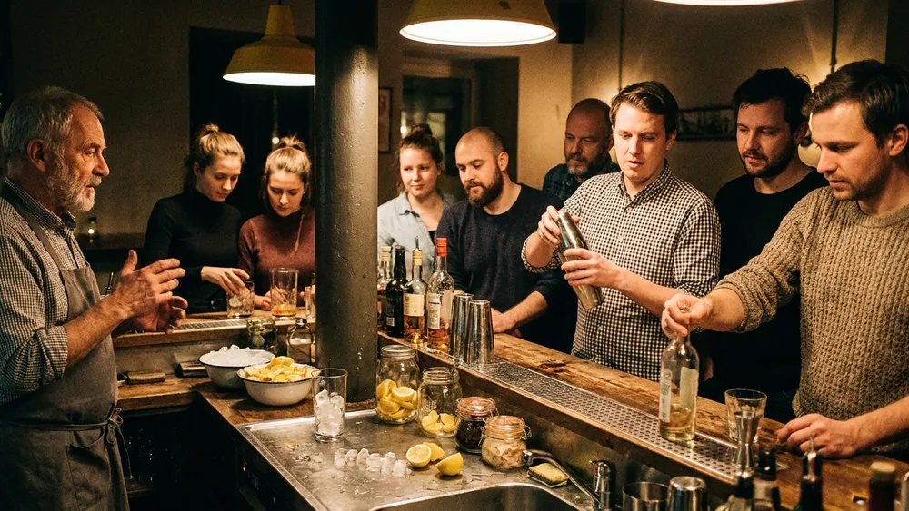 Cocktailkurs in Berlin – Gruppe mixt Cocktails an einer Bar unter Anleitung in Kreuzberg