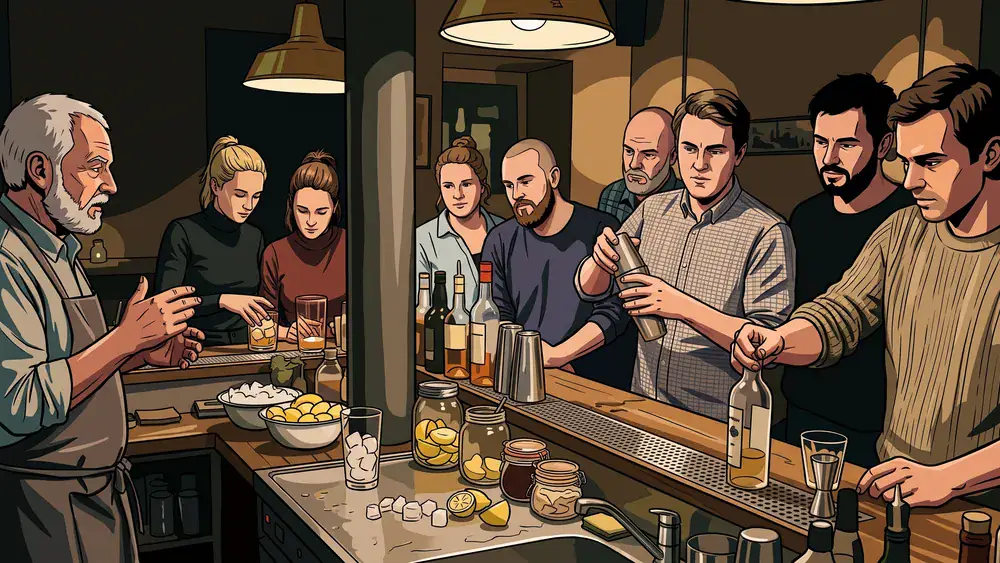 Cocktailkurs in Berlin – Gruppe mixt Cocktails an einer Bar unter Anleitung