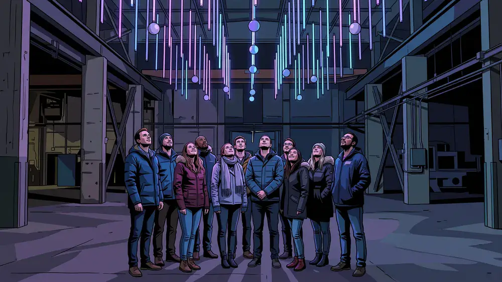 Dark Matter Berlin – Gruppe steht staunend unter einer kinetischen Lichtinstallation