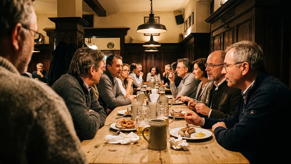 Hofbräu Wirtshaus Berlin – Gruppe trinkt Bier an langen Holztischen in einem bayrischen Brauhaus am Alex