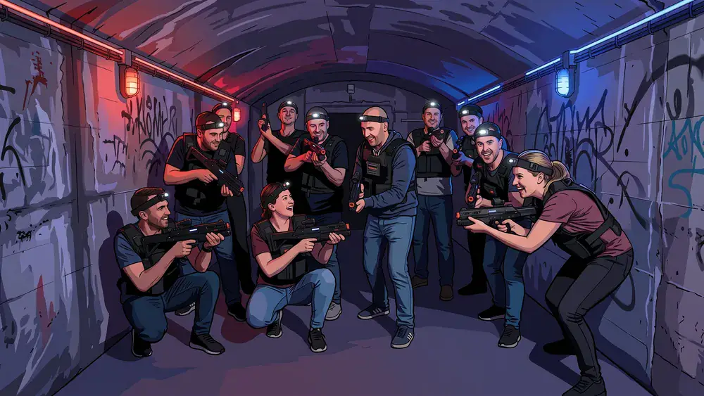 Lasertag in Berlin – Gruppe in Sensorwesten spielt in einem echten WWII-Bunker am Anhalter Bahnhof