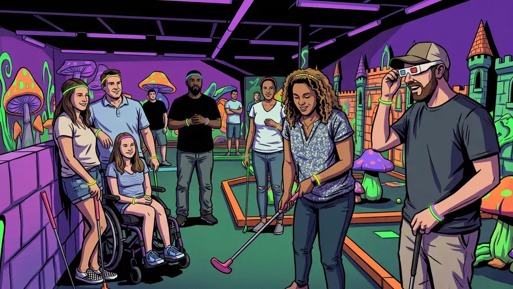 Schwarzlicht-Minigolf in Berlin – Gruppe spielt mit 3D-Brillen Minigolf in leuchtender Neonwelt im DockX