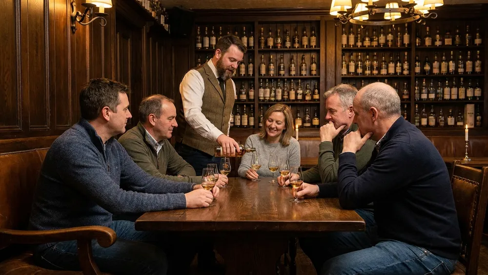 Whisky-Tasting in Berlin – Gruppe verkostet mehrere Drams in einem Whisky-Pub in Charlottenburg