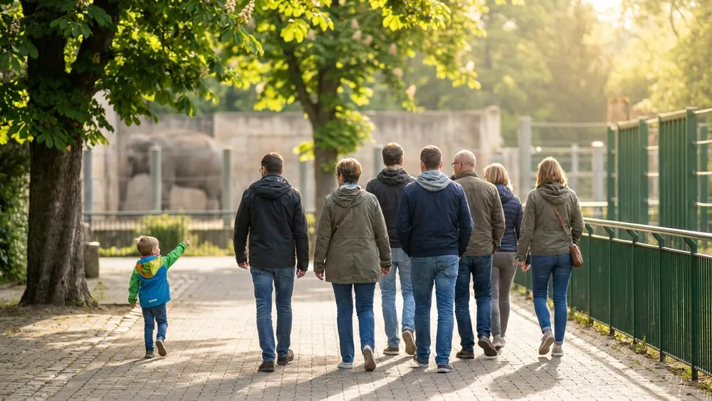 Zoo Berlin – Gruppe spaziert an einem sonnigen Morgen durch den Zoo