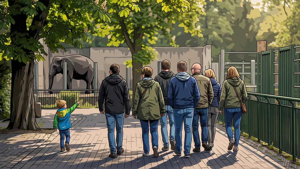 Zoo Berlin – Gruppe spaziert an einem sonnigen Morgen durch den Zoo