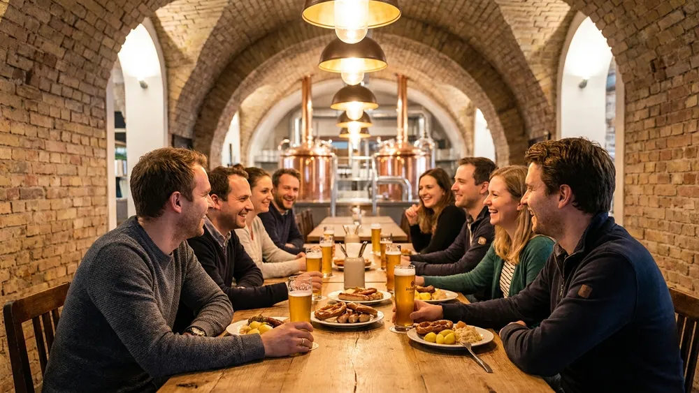 Brauerei Lemke Berlin - Erwachsene trinken Craft Beer unter den S-Bahnbögen am Hackeschen Markt