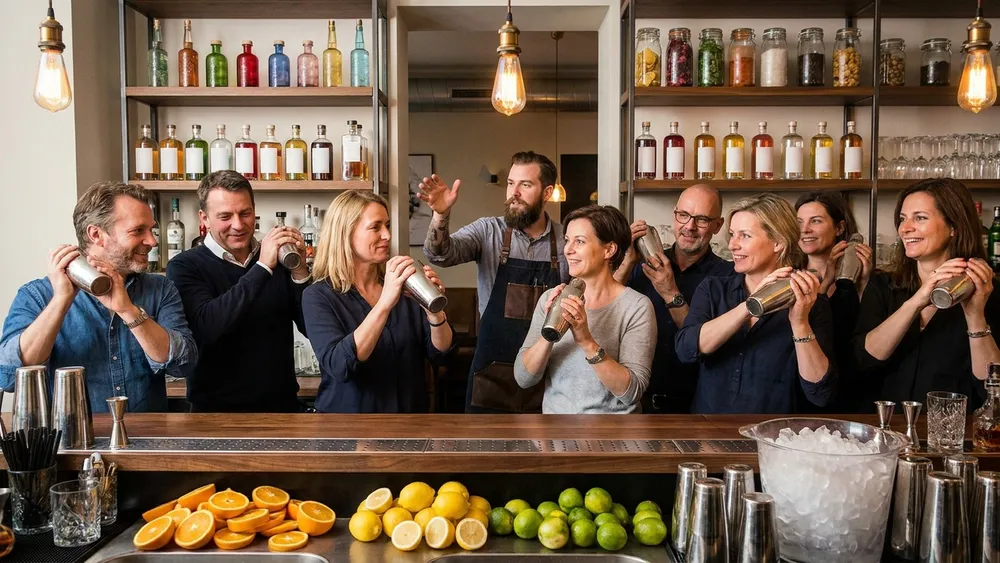 Cocktailkurs in Berlin - Erwachsene mixen Cocktails an einer Bar unter Anleitung in Kreuzberg