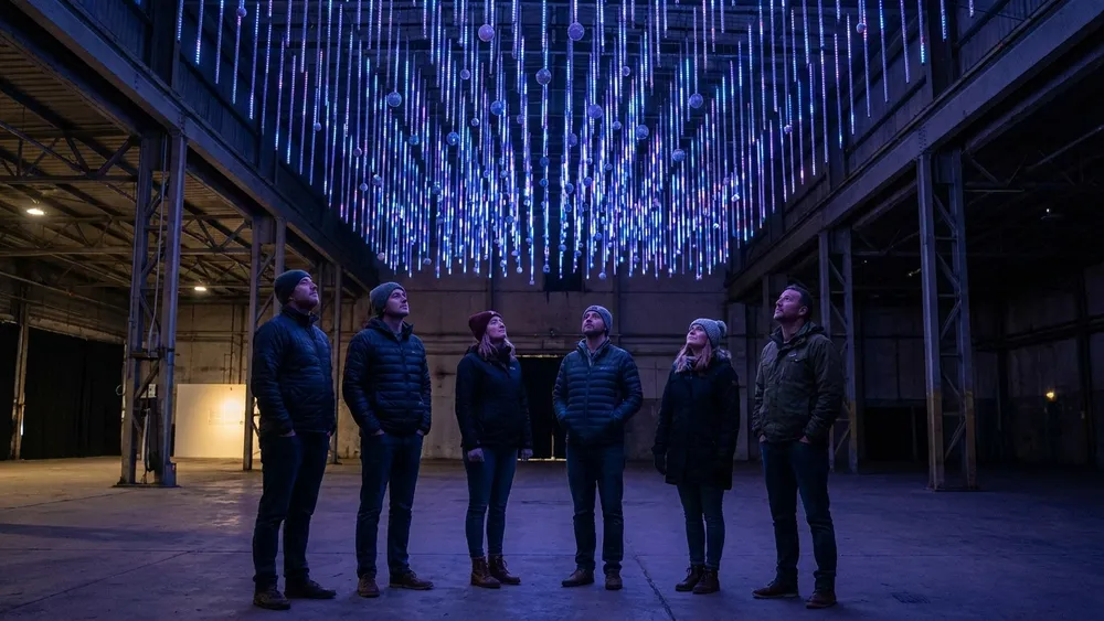Dark Matter Berlin - Erwachsene stehen staunend unter einer kinetischen Lichtinstallation in Oberschöneweide