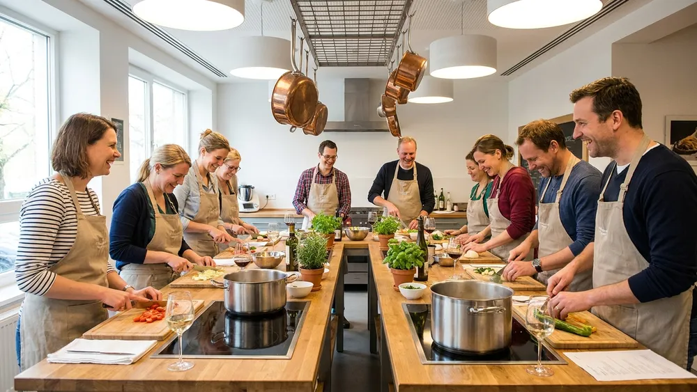 Kochkurs in Berlin - Erwachsene kochen gemeinsam in einer hellen Kochschule in Charlottenburg