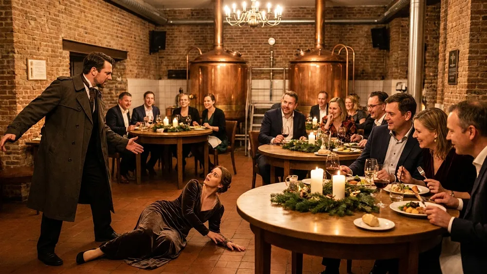 Krimidinner in Berlin - Erwachsene verfolgen ein Krimi-Theater beim Mehrgang-Menü in der Schankhalle Pfefferberg